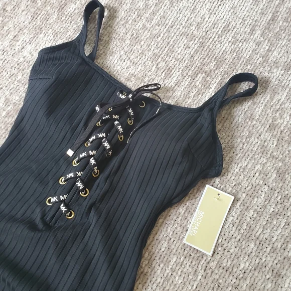 Michael Kors Lace-Up Textured One-Piece Swimsuit in Black - Picture 5 of 7